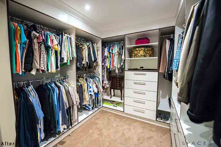 The spacious walk-in-robe in the master suite accommodates for all her and his clothing