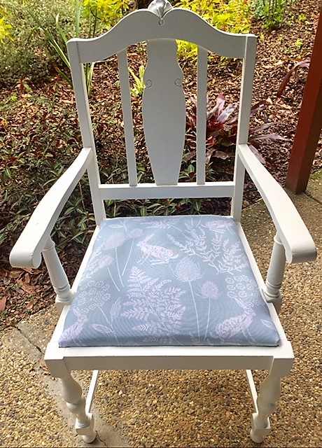 Timber chair furniture make-over with white paint and new fabric seat cover