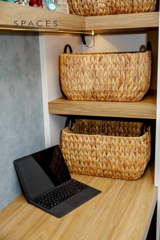 Basket storage on desk and shelves