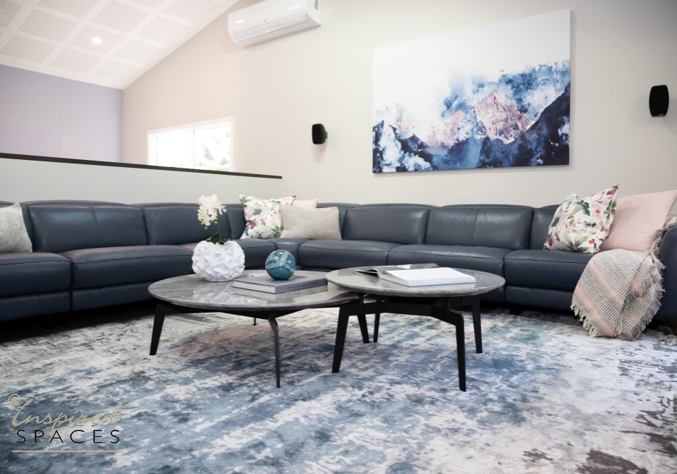 Grey blue and pink living room