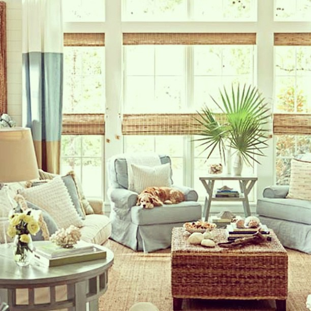 coastal living space with blue linen chairs and rattan coffee table