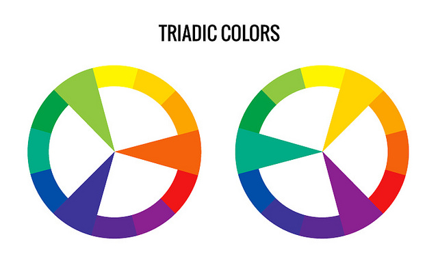 Two colour wheels showing examples of triadic colour schemes